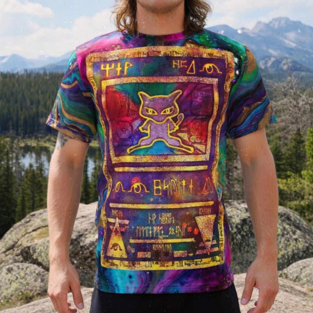 Ancient Mew Promo Holographic Card T shirt — Official Aura Armor Festival AOP Tee Comic Con EDC Lost Lands