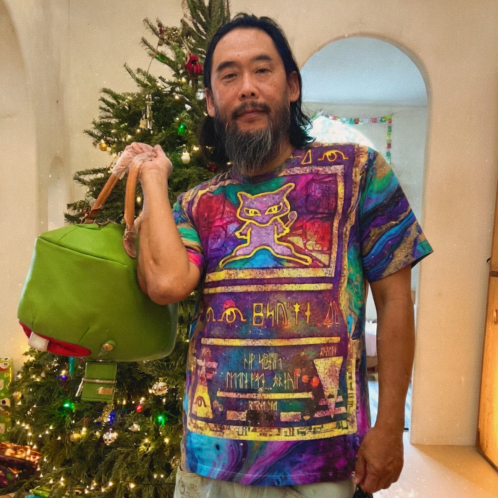 Ancient Mew Promo Holographic Card T shirt — Official Aura Armor Festival AOP Tee Comic Con EDC Lost Lands