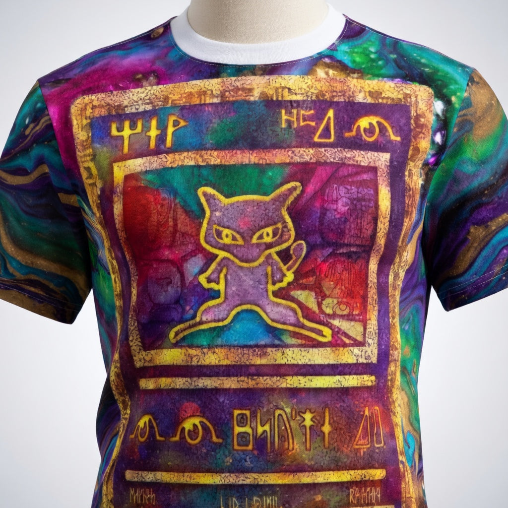 Ancient Mew Promo Holographic Card T shirt — Official Aura Armor Festival AOP Tee Comic Con EDC Lost Lands