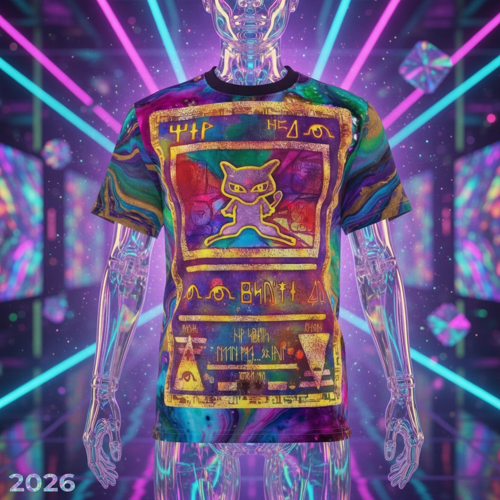 Ancient Mew Promo Holographic Card T shirt — Official Aura Armor Festival AOP Tee Comic Con EDC Lost Lands