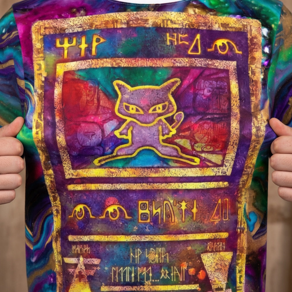 Ancient Mew Promo Holographic Card T shirt — Official Aura Armor Festival AOP Tee Comic Con EDC Lost Lands
