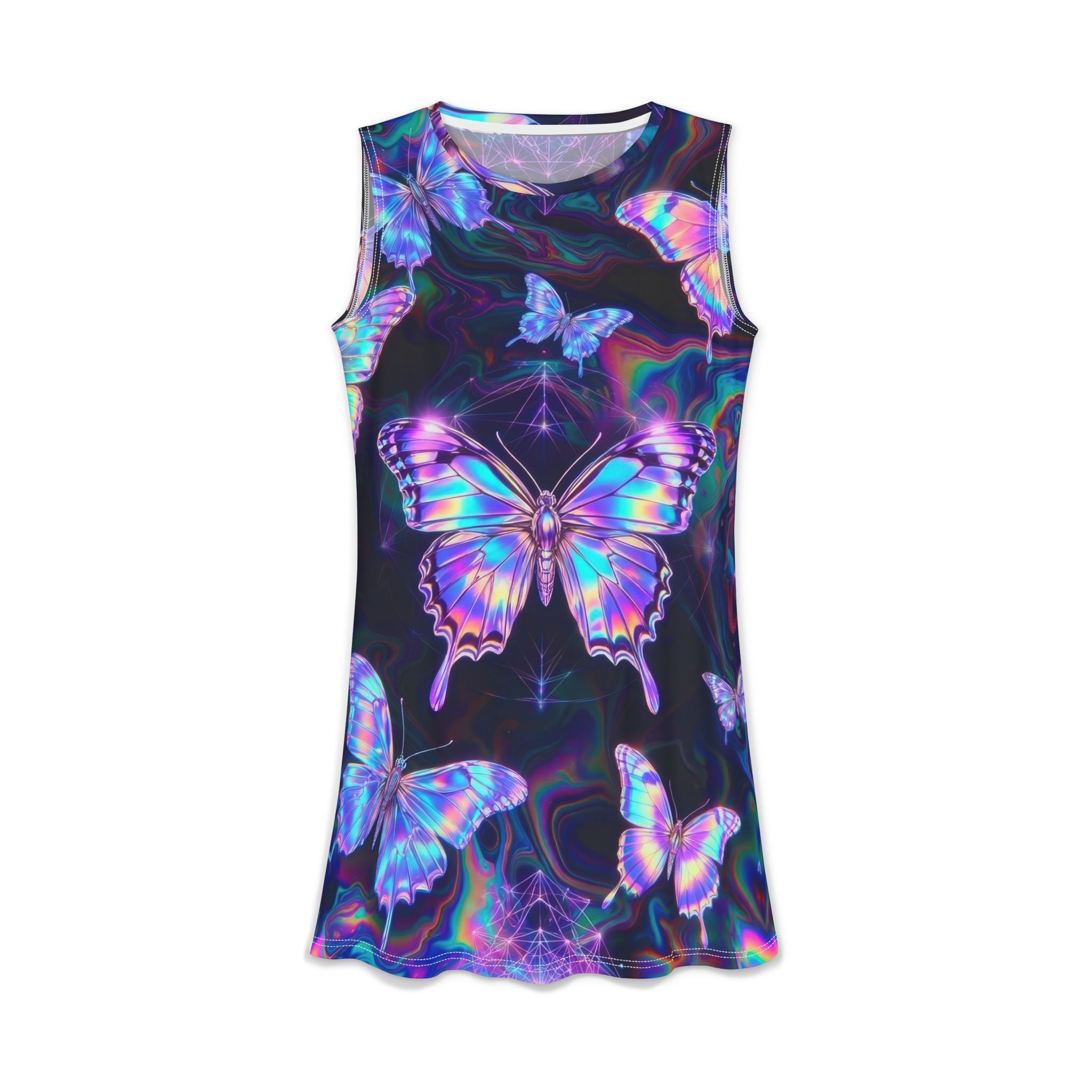 Holographic Butterfly AOP Women's Casual Dress — Iridescent Galaxy Floral Print