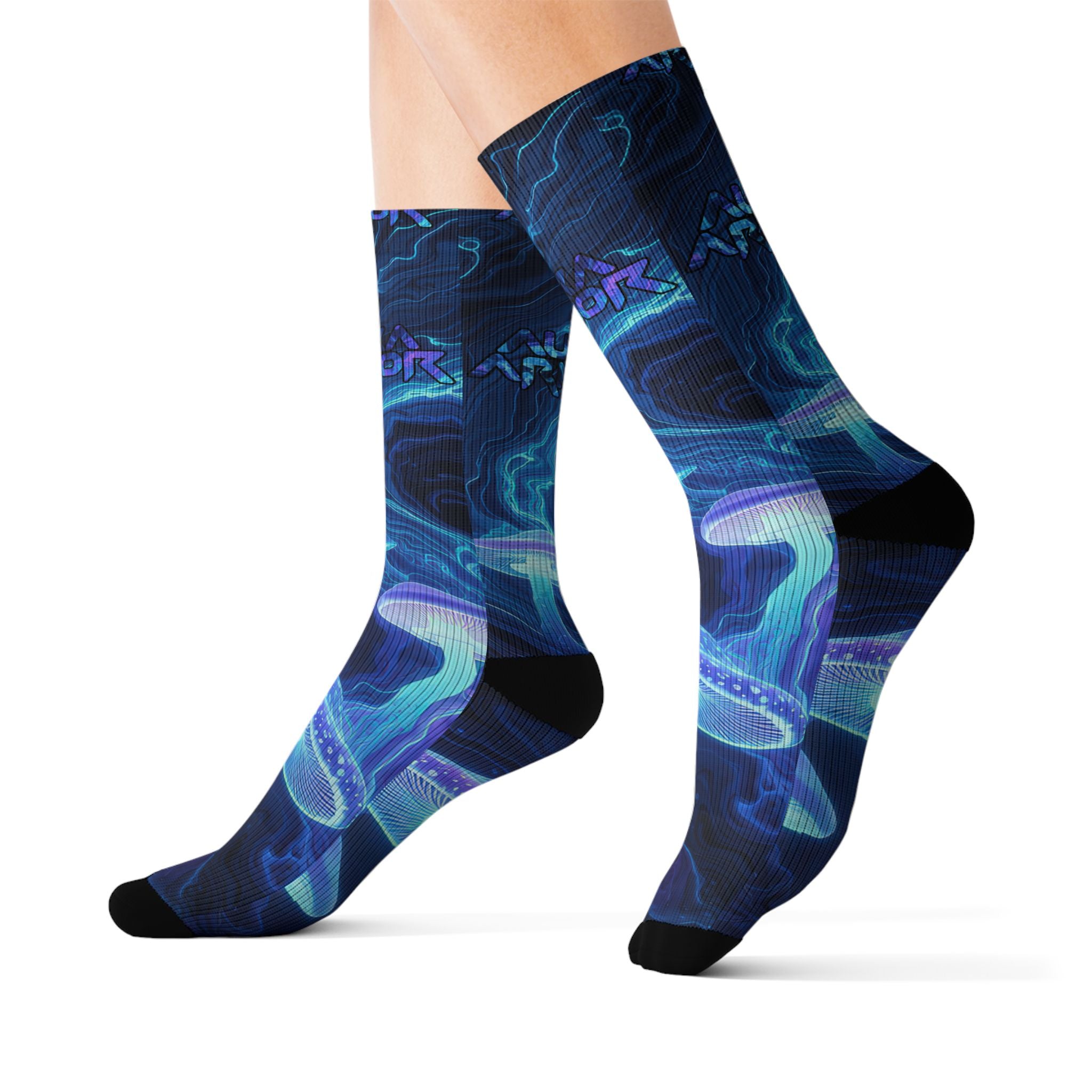 Blue Nebula Sublimation Socks — Psychedelic Mushroom Space Design